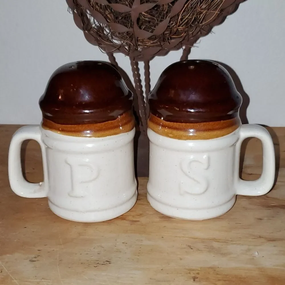 Vtg. Brown Crockery Salt Pepper Shakers Handles